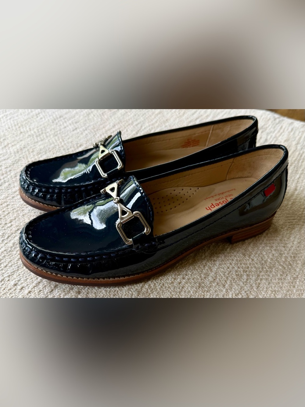 Patent Leather Marc Joseph Navy Women’s Loafers with Silver Buckle